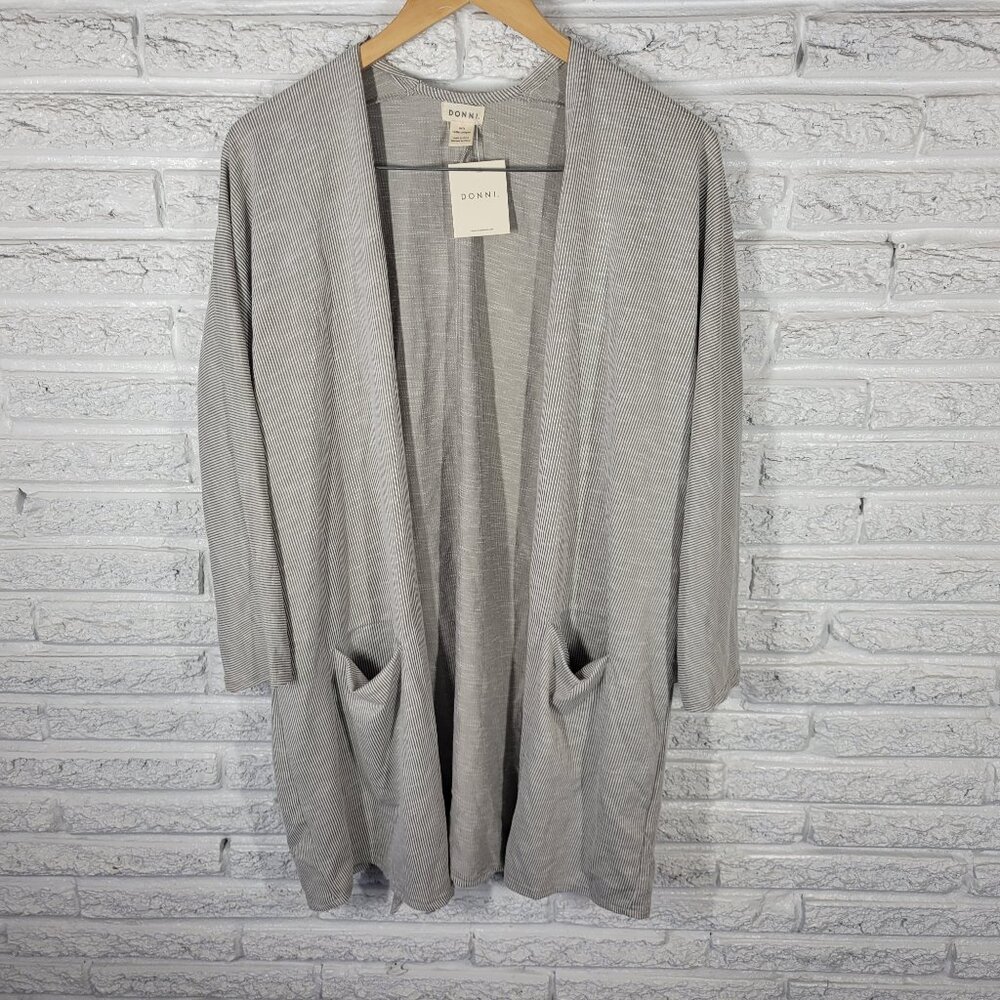 Donni Womens One Size Gray Striped Open Cardigan 3/4 Sleeve Cotton Blend STR178E